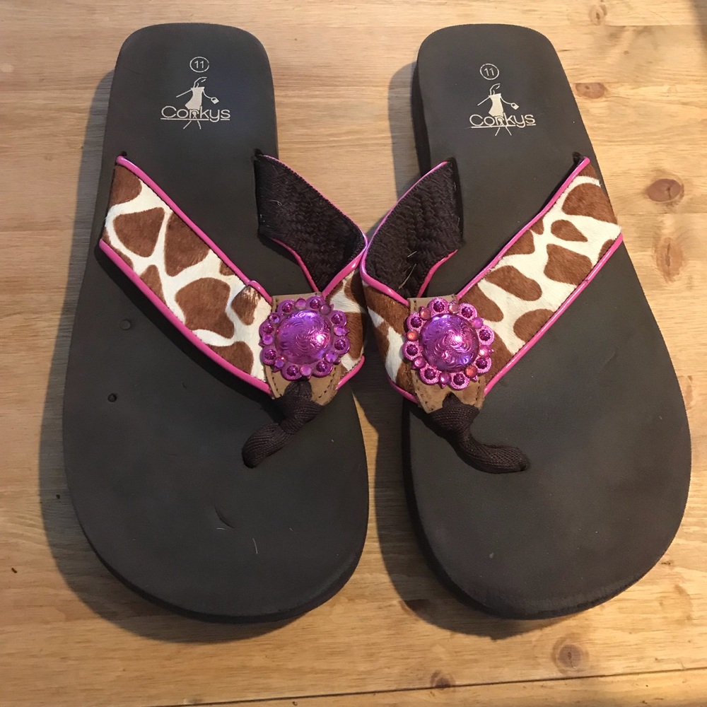 Corkys cowhide cheetah hair on hide flip flops